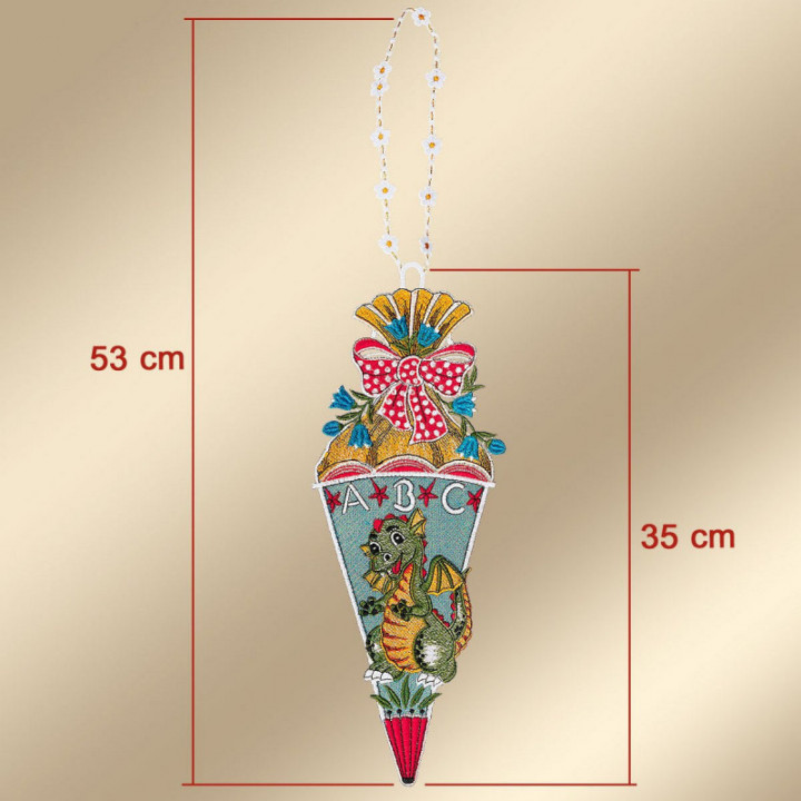 Geschenk-Anhänger Zuckertüte kleiner Drache Schulanfang Plauener Spitze