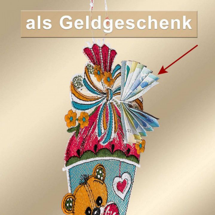 Geschenk-Anhänger Zuckertüte Teddy Schulanfang Plauener Spitze