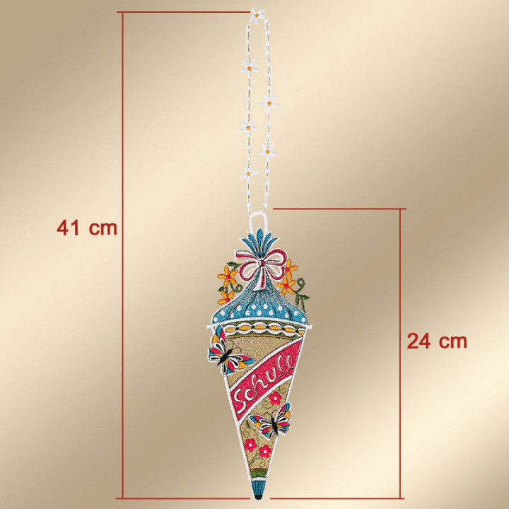 Geschenk-Anhänger Zuckertüte mit Schmetterlingen Plauener Spitze Einschulung