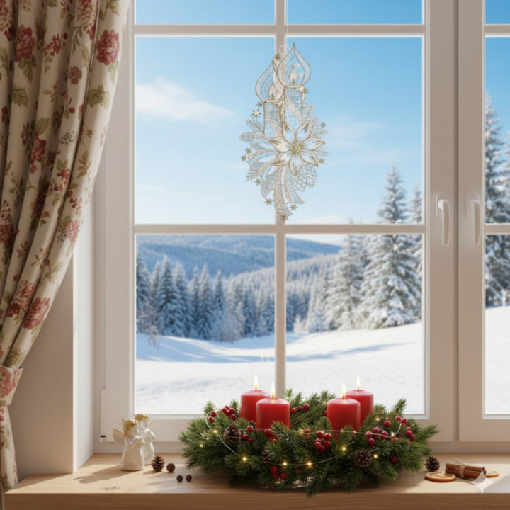 Weihnachts-Fensterbild Lichterglanz Plauener Spitze weiß-gold 37x19 cm