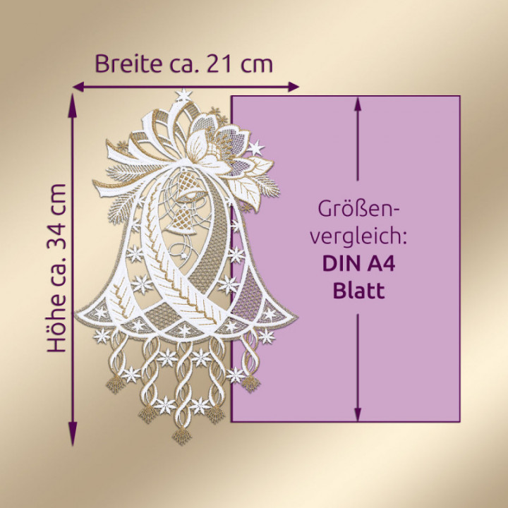 Weihnachts-Fensterbild Glockenspiel Plauener Spitze weiß-gold 34x21 cm