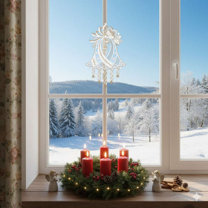 Weihnachts-Fensterbild Glockenspiel Plauener Spitze weiß-gold 34x21 cm