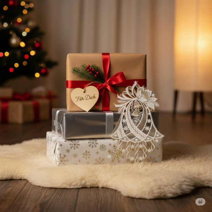 Weihnachts-Fensterbild Glockenspiel Plauener Spitze weiß-gold 34x21 cm