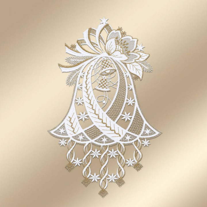 Weihnachts-Fensterbild Glockenspiel Plauener Spitze weiß-gold 34x21 cm