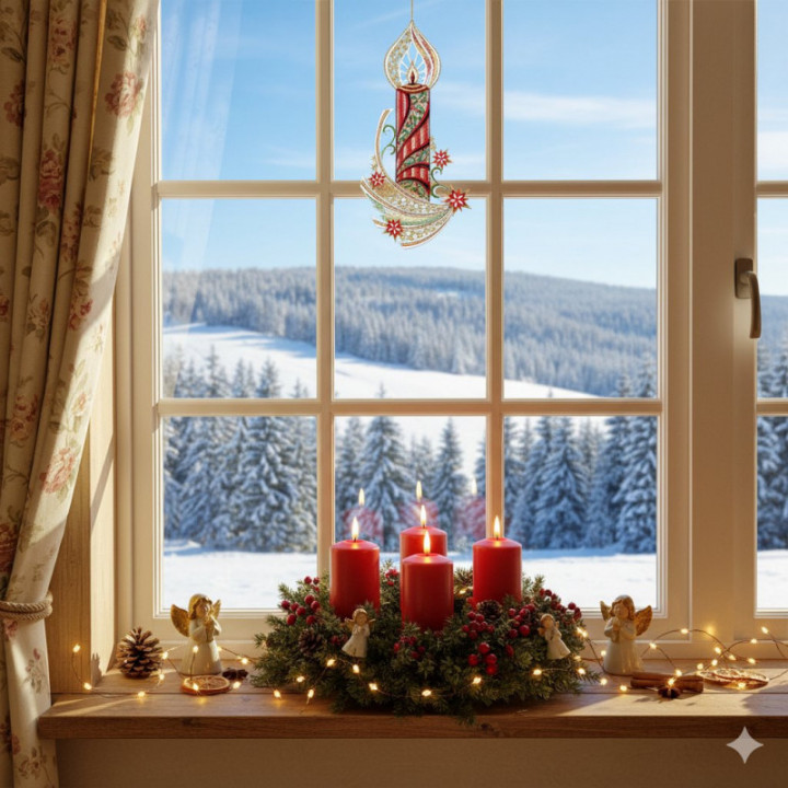 Weihnachts-Fensterbild Kerze Sternenschweif Plauener Spitze 35x17 cm