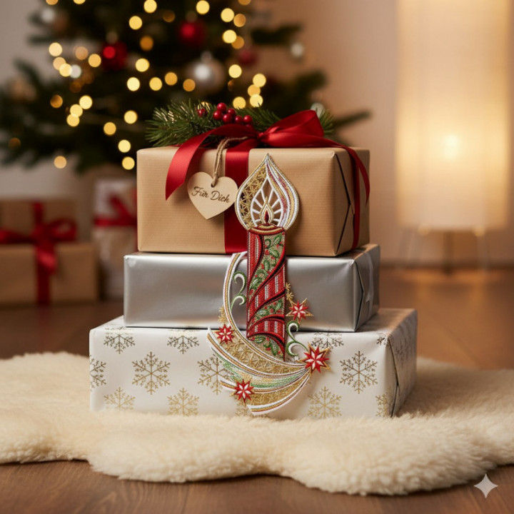 Weihnachts-Fensterbild Kerze Sternenschweif Plauener Spitze 35x17 cm