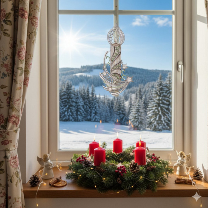 Weihnachts-Fensterbild Kerze mit Sternenschweif pastell Plauener Spitze 35x17 cm