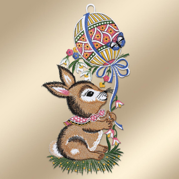 Fensterbild Hase mit Osterballon - Vogtländischer Spitze