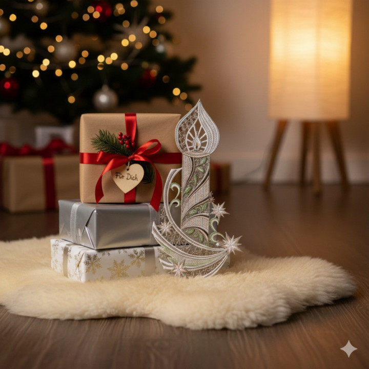 Weihnachts-Fensterbild Kerze mit Sternenschweif pastell Plauener Spitze 35x17 cm