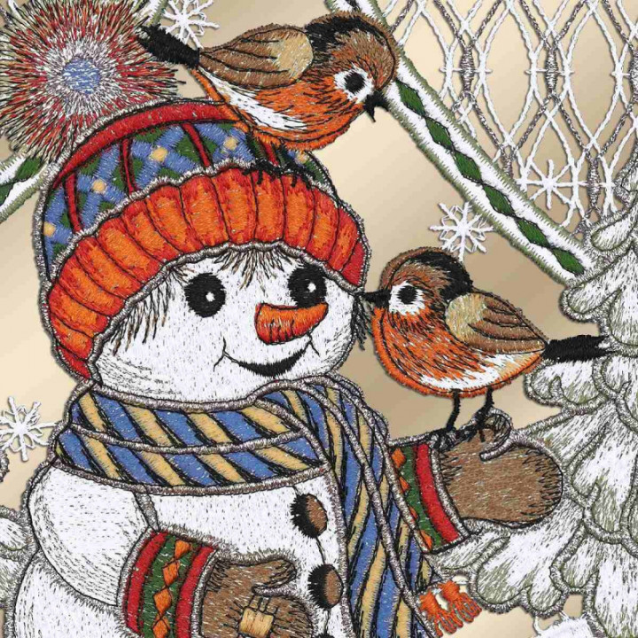 Scheibengardine Fröhliche Winterzeit mit Schneemann Plauener Spitze