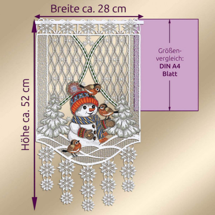 Scheibengardine Fröhliche Winterzeit mit Schneemann Plauener Spitze