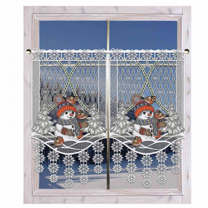 Scheibengardine Fröhliche Winterzeit mit Schneemann Plauener Spitze