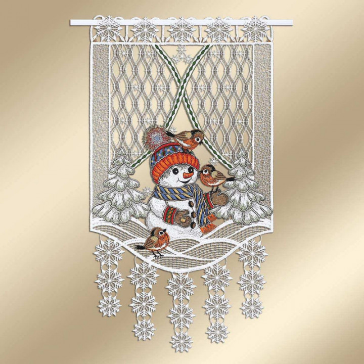 Scheibengardine Fröhliche Winterzeit mit Schneemann Plauener Spitze