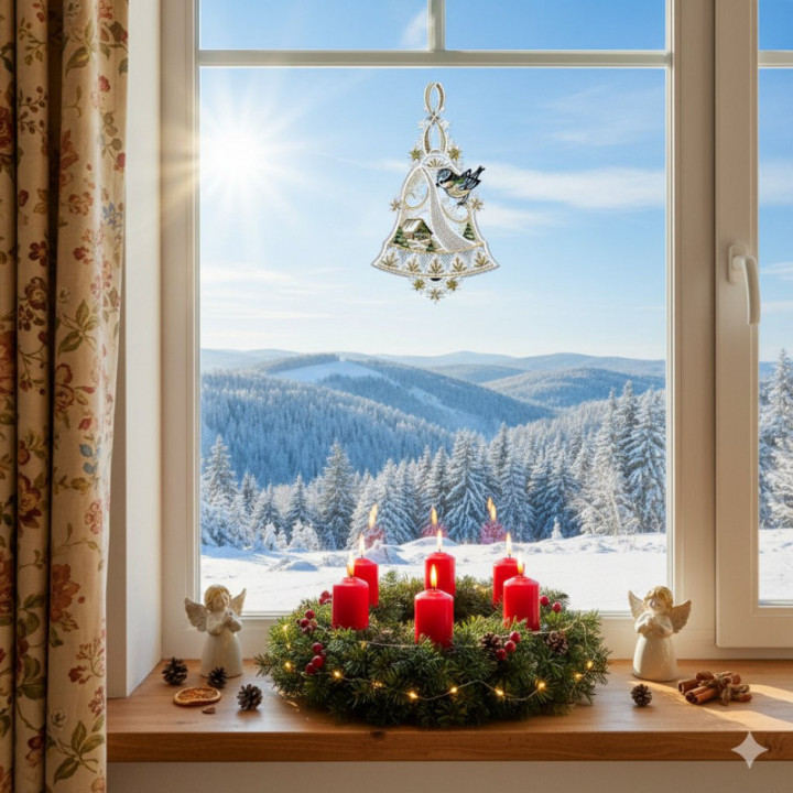 Winter-Fensterbild Glocke mit Vögelchen Plauener Spitze 34 x 20 cm