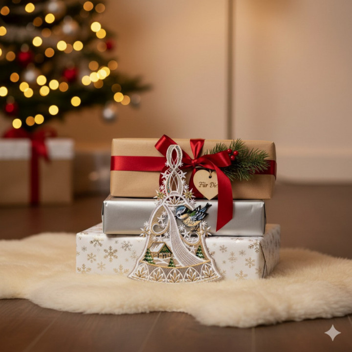 Winter-Fensterbild Glocke mit Vögelchen Plauener Spitze 34 x 20 cm