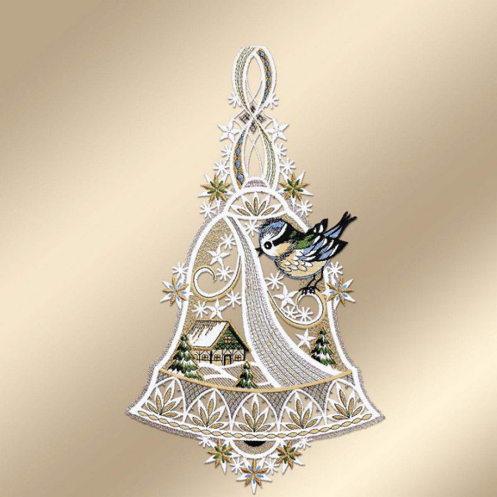 Winter-Fensterbild Glocke mit Vögelchen Plauener Spitze 34 x 20 cm