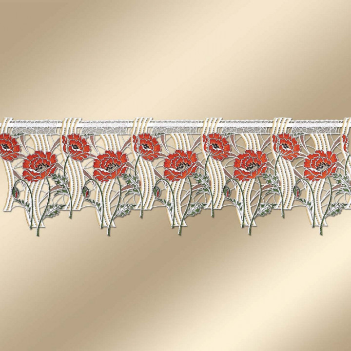 Gestickte Feenhaus-Scheibengardine Mohnblumen Echte Plauener Spitze