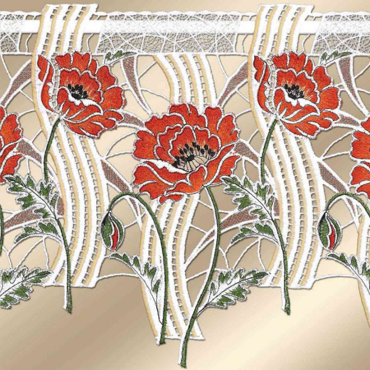 Gestickte Feenhaus-Scheibengardine Mohnblumen Echte Plauener Spitze