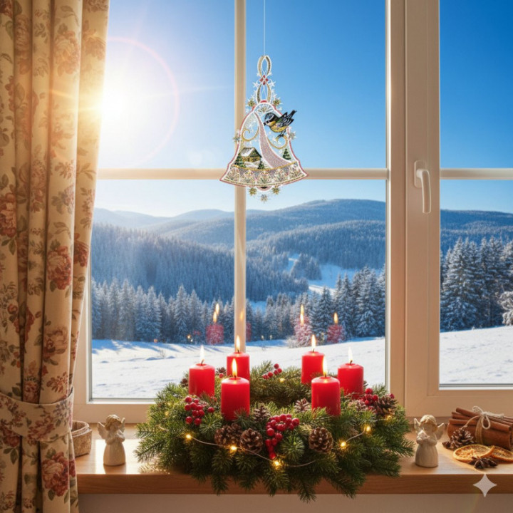 Winter-Fensterbild Glocke mit Vögelchen Plauener Spitze bunt 34 x 20 cm