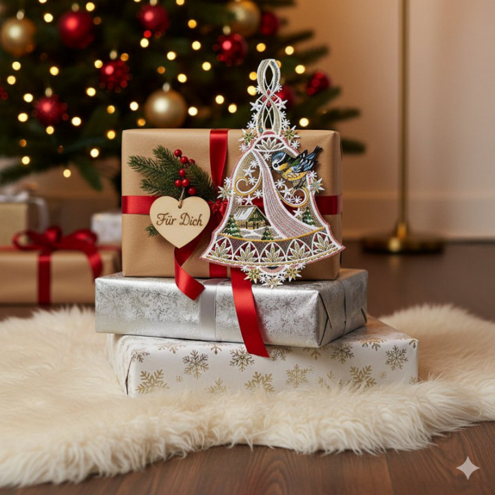 Winter-Fensterbild Glocke mit Vögelchen Plauener Spitze bunt 34 x 20 cm