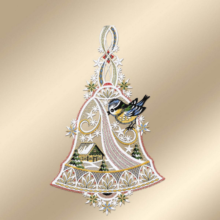 Winter-Fensterbild Glocke mit Vögelchen Plauener Spitze bunt 34 x 20 cm