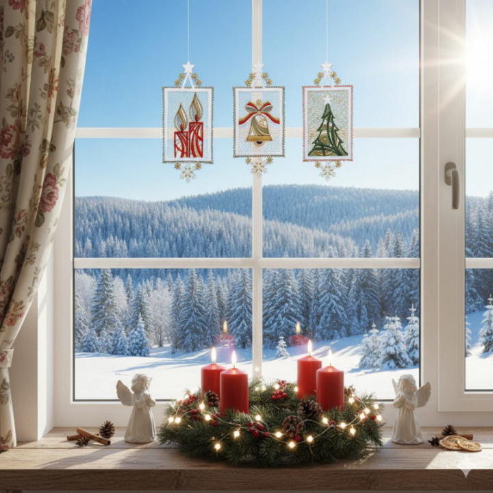 Winter-Fensterbilder 3er Set Weihnachtsambiente Plauener Spitze