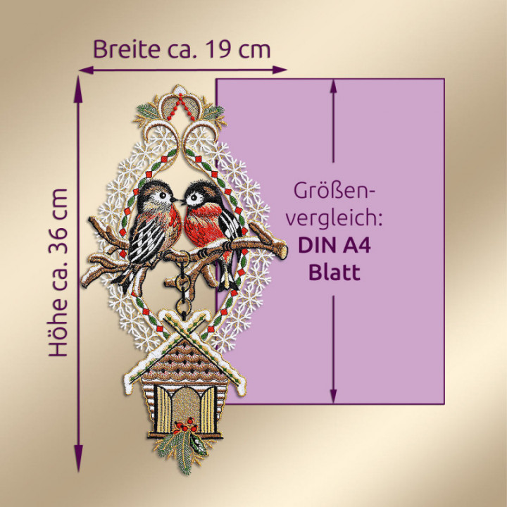 Winter-Fensterbild Gimpelpaar Plauener Spitze 36 x 19 cm