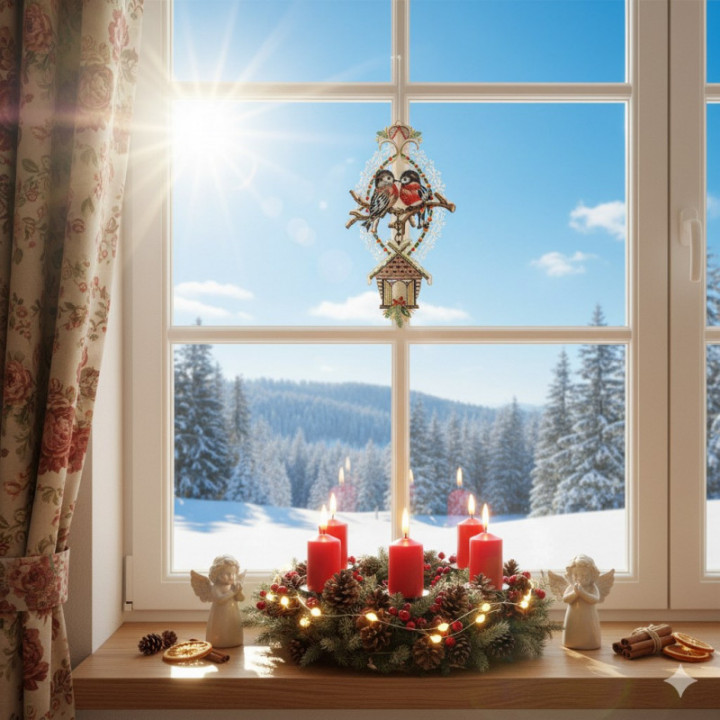 Winter-Fensterbild Gimpelpaar Plauener Spitze 36 x 19 cm