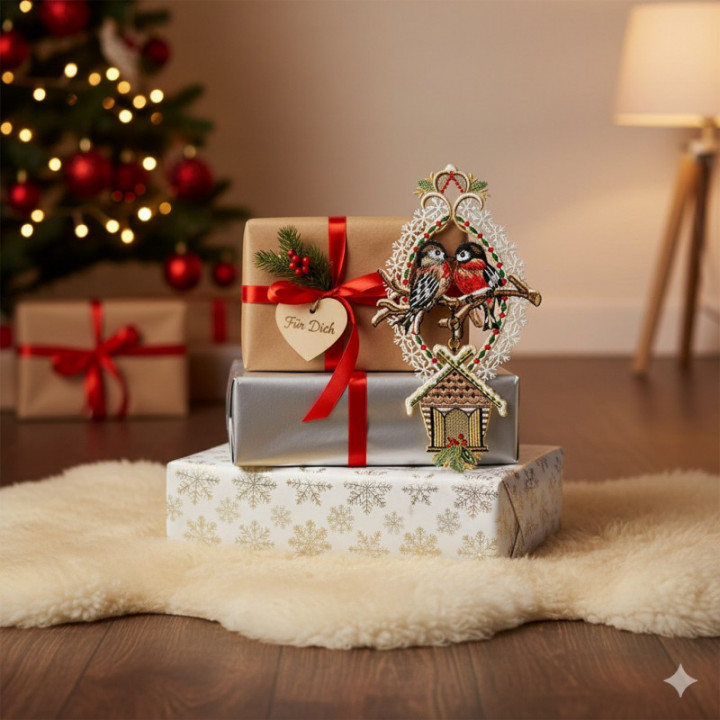 Winter-Fensterbild Gimpelpaar Plauener Spitze 36 x 19 cm