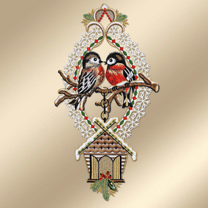 Winter-Fensterbild Gimpelpaar Plauener Spitze 36 x 19 cm