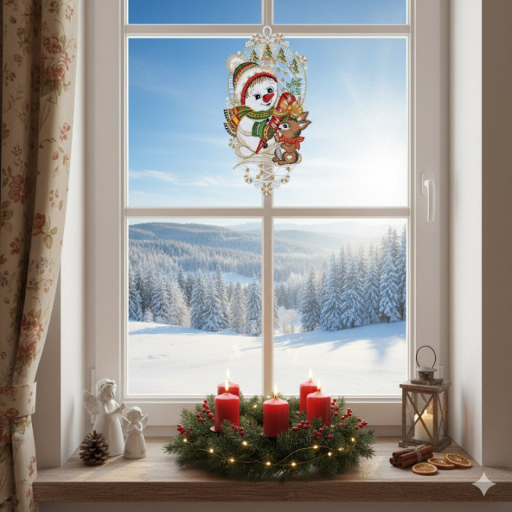 Winter-Fensterbild lustiger Schneemann Plauener Spitze 33 x 17 cm