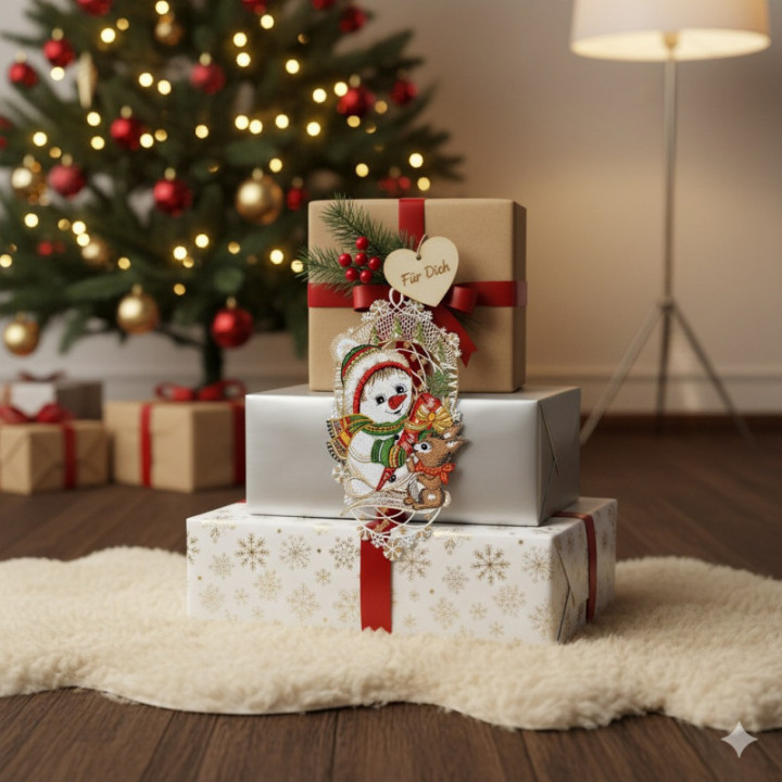 Winter-Fensterbild lustiger Schneemann Plauener Spitze 33 x 17 cm