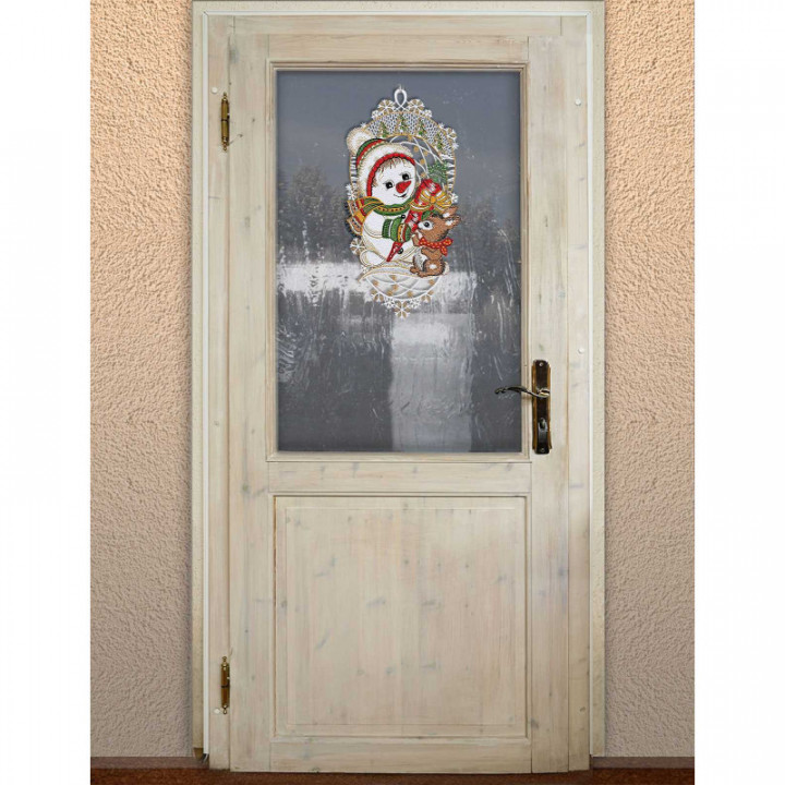 Winter-Fensterbild lustiger Schneemann Plauener Spitze 33 x 17 cm
