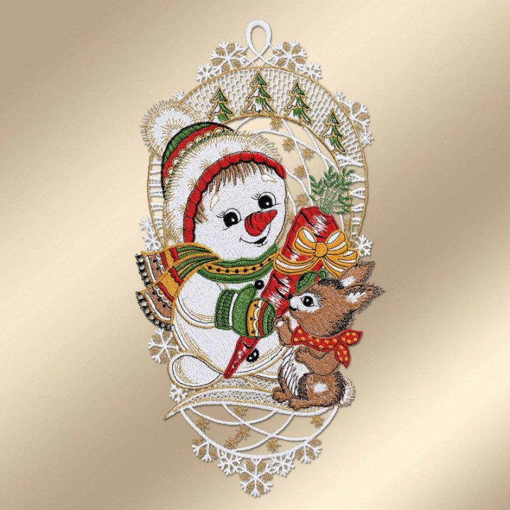 Winter-Fensterbild lustiger Schneemann Plauener Spitze 33 x 17 cm