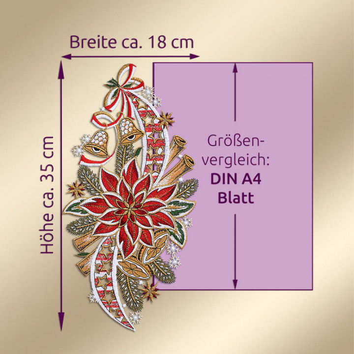 Fensterbild Weihnachtsstern mit Glöckchen Plauener Spitze 35 x 18 cm