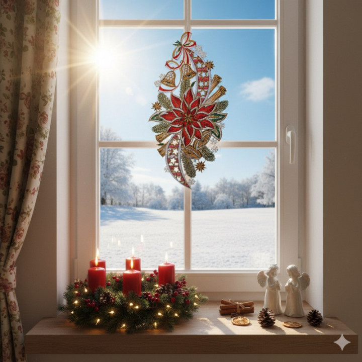 Fensterbild Weihnachtsstern mit Glöckchen Plauener Spitze 35 x 18 cm