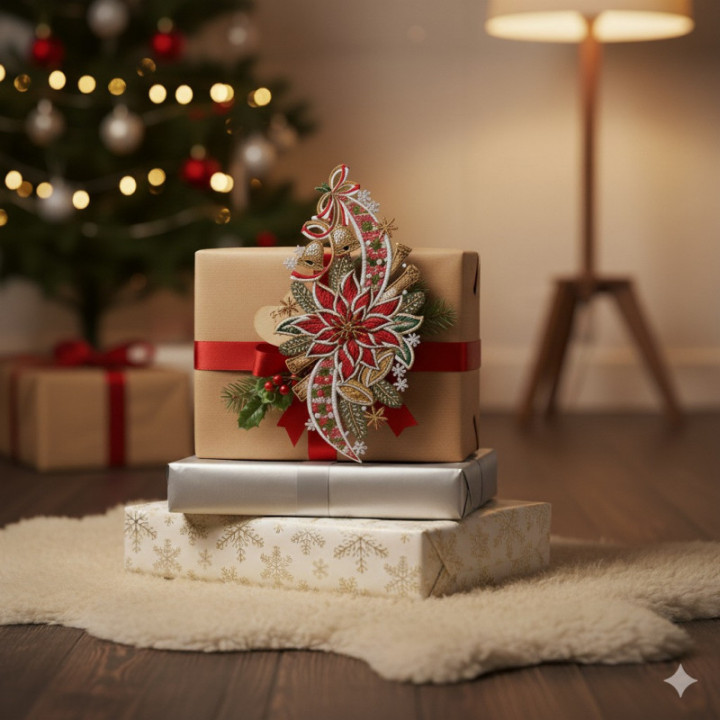 Fensterbild Weihnachtsstern mit Glöckchen Plauener Spitze 35 x 18 cm