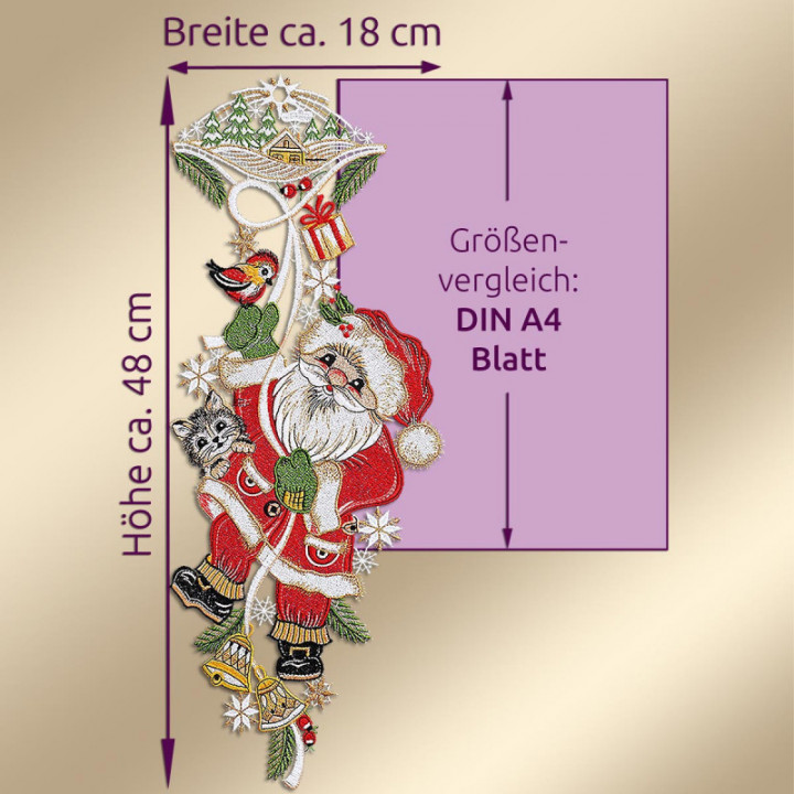 Fensterbild Weihnachtsmann mit Kätzchen Plauener Spitze 48 x 18 cm