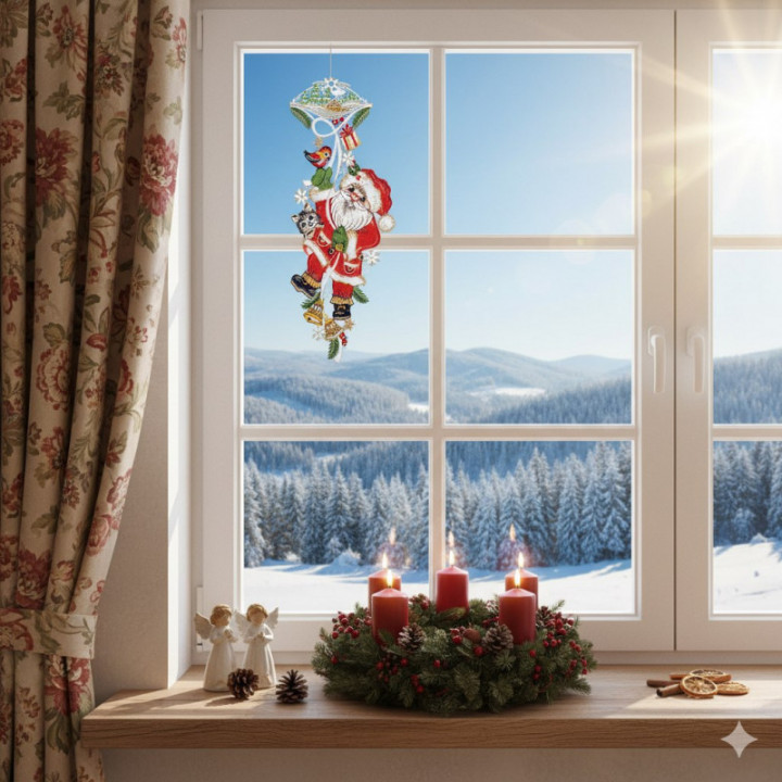 Fensterbild Weihnachtsmann mit Kätzchen Plauener Spitze 48 x 18 cm