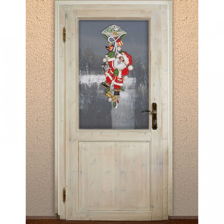 Fensterbild Weihnachtsmann mit Kätzchen Plauener Spitze 48 x 18 cm