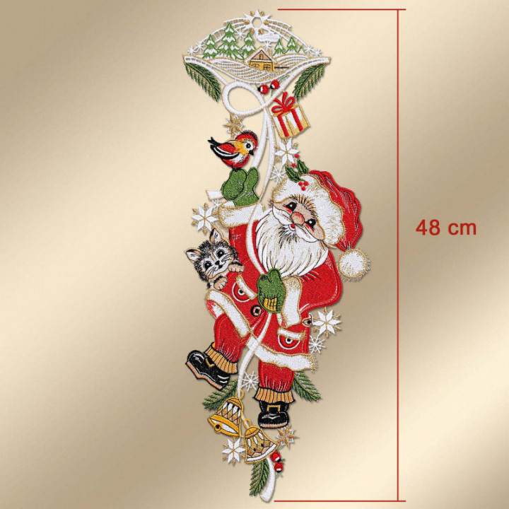 Fensterbild Weihnachtsmann mit Kätzchen Plauener Spitze 48 x 18 cm