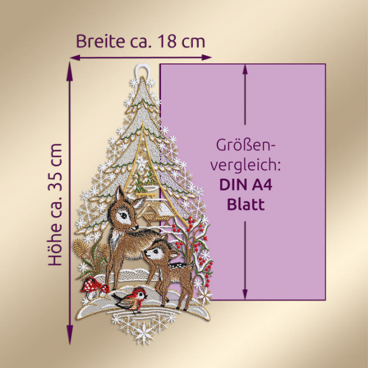 Winter-Fensterbild Rehlein mit Vögelchen Plauener Spitze 35 x 18 cm