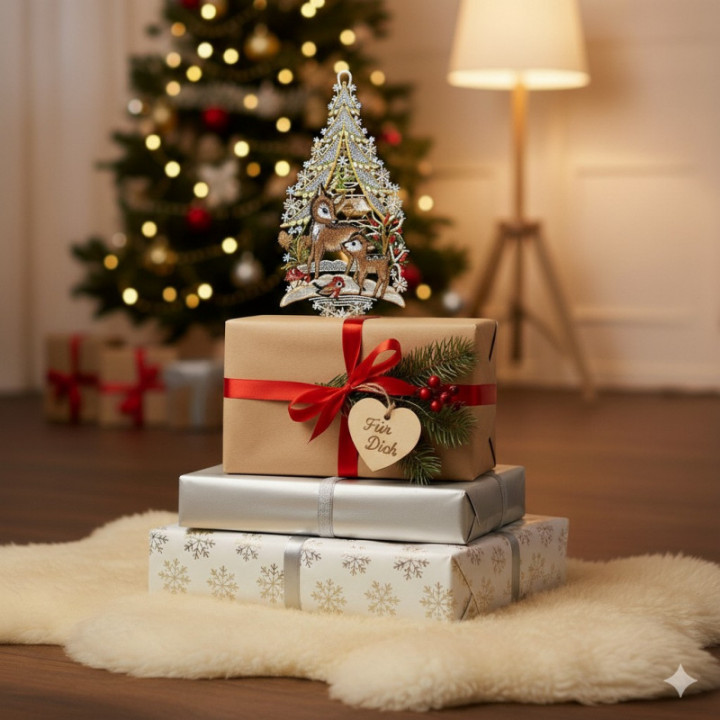 Winter-Fensterbild Rehlein mit Vögelchen Plauener Spitze 35 x 18 cm