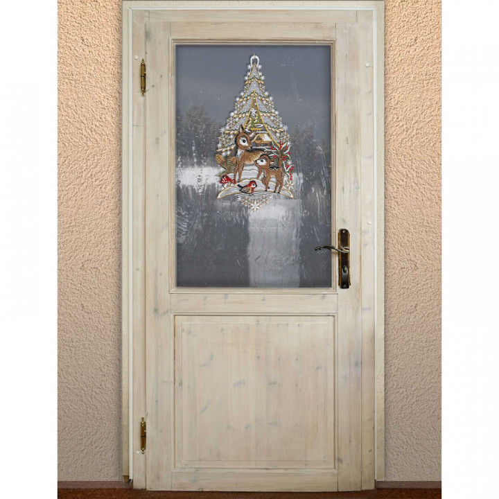 Winter-Fensterbild Rehlein mit Vögelchen Plauener Spitze 35 x 18 cm