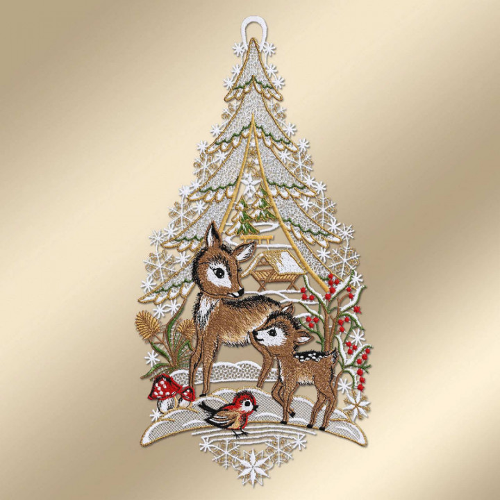 Winter-Fensterbild Rehlein mit Vögelchen Plauener Spitze 35 x 18 cm