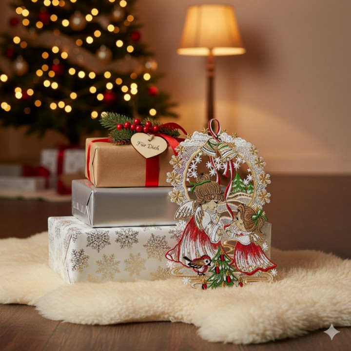 Weihnachts-Fensterbild Engelchen Plauener Spitze 30 x 18 cm