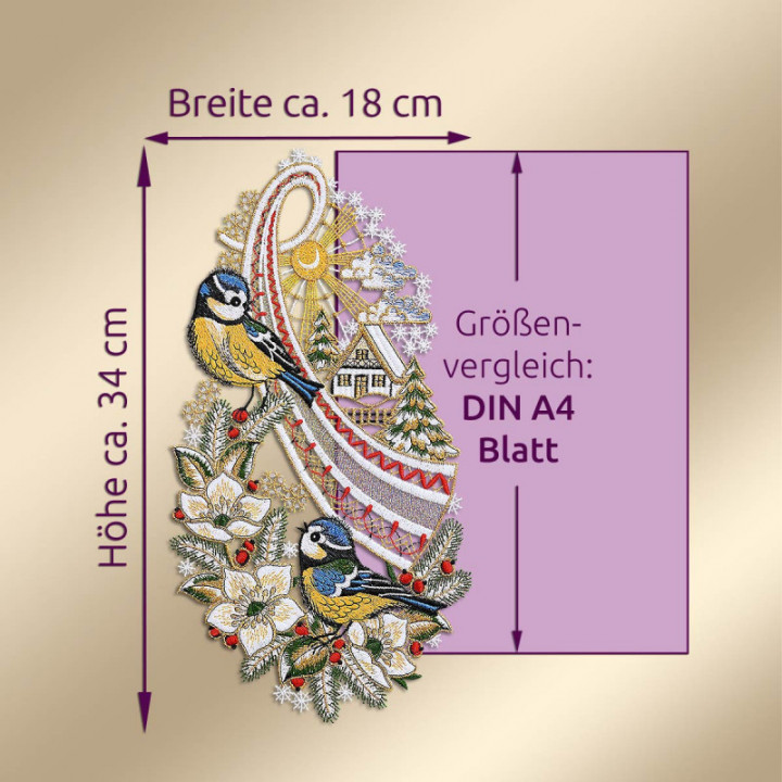 Fensterbild Blaumeisen auf Christrosenzweig Plauener Spitze 34 x 18 cm