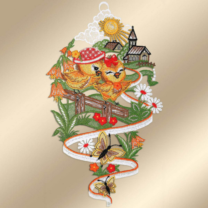 Fensterbild Küken Rot - Vogtländische Spitze - Ostern Deko 33x19cm