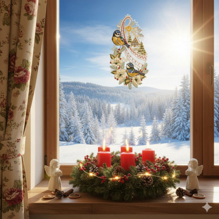 Fensterbild Blaumeisen auf Christrosenzweig Plauener Spitze 34 x 18 cm