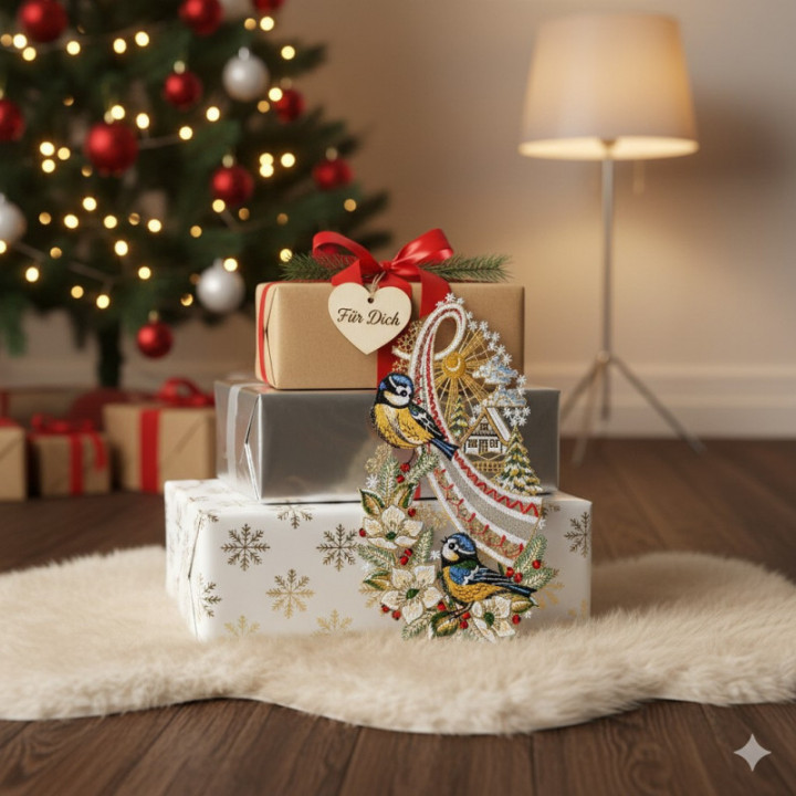 Fensterbild Blaumeisen auf Christrosenzweig Plauener Spitze 34 x 18 cm